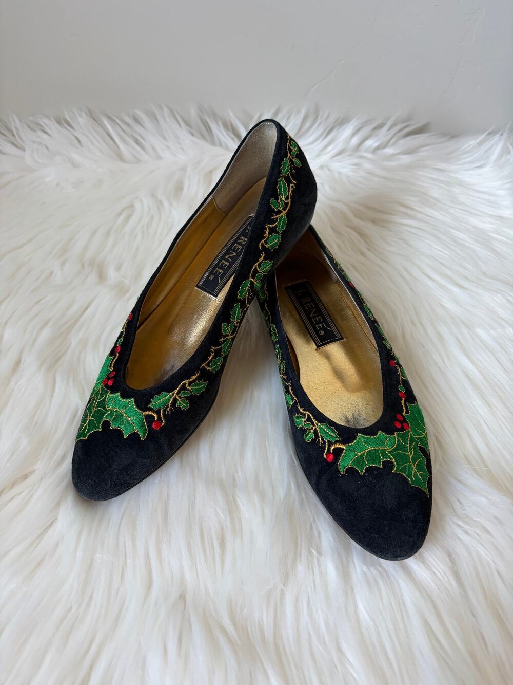 VTG 90's J. Reneé Suede Christmas Flats w/ Embroidered Holly- NON-WEARABLE
